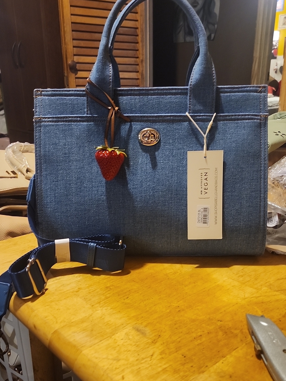 Vegan Blue Denim Tote Bag with Strawberry Charm
